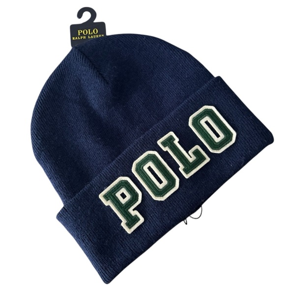 Polo Ralph Lauren Men’s Navy Blue Knit Beanie POLO Green Label W/White Trim OS